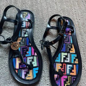 Fendi Rubber Printed T- Strap Sandals - size 7